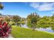 Scenic view of a pond surrounded by lush greenery and vibrant foliage at 1100 Capri Isles Blvd # 215, Venice, FL 34292
