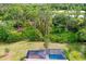 Aerial view of a backyard pool surrounded by lush greenery and trees at 12187 Amica Loop, Venice, FL 34293