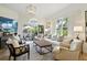 Elegant living room featuring white furniture, large windows, glass doors, a tufted ottoman, and outdoor patio views at 1234 Harbor Town Way, Venice, FL 34292