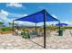 Community picnic area featuring shaded tables, raised garden beds, landscaping, and trash receptacles at 13841 Campoleone St, Venice, FL 34293