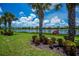 Scenic backyard featuring a serene pond view, lush green grass, beautiful landscaping, and mature palm trees under a blue sky at 19269 Serafina St, Venice, FL 34293
