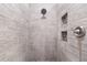 The shower features wood-look tile, built-in shelves and a showerhead at 3863 Albin Ave, North Port, FL 34286