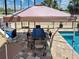 Outdoor seating area with an umbrella and pool in a screened enclosure featuring stone pavers at 48 Lark Dr, Placida, FL 33946