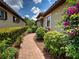 Inviting brick walkway lined with lush greenery and vibrant bougainvillea leading to the home's entrance at 5832 Semolino St, Nokomis, FL 34275