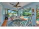 Cozy screened lanai with comfortable seating, a ceiling fan, and a glimpse of the inviting pool at 6964 Glacier Ave, North Port, FL 34291