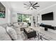 Inviting living room with a comfortable sectional sofa, large windows, and a modern ceiling fan at 121 Colebrook Ct, Venice, FL 34292