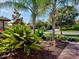 Beautifully landscaped front yard with lush greenery, palm trees, and brick-paved walkway leading to the house at 13862 Miranese St, Venice, FL 34293