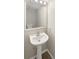 Bathroom featuring pedestal sink with decorative mirror and updated lighting at 30208 Rattana Ct, Wesley Chapel, FL 33545