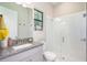 Bathroom with granite countertop, gray cabinets, and a glass shower at 291 Mossy River Ct, Brandon, FL 33511