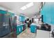 Stylish kitchen featuring bright blue cabinets, modern appliances, and a skylight for natural lighting at 7940 Fashion Loop, New Port Richey, FL 34654