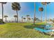 Sprawling green lawn dotted with palm trees, leading to a sandy beach with lounge chairs under clear blue skies at 1129 Seaside Dr # 7, Sarasota, FL 34242