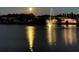 Nighttime lake view featuring a fountain illuminated by a bright moon and lights of houses in the background at 19293 Breynia Dr, Lutz, FL 33558