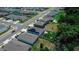 An aerial view of a neighborhood featuring manicured lawns, modern homes, and community streets at 7729 Rosewood Garden Loop, Tampa, FL 33637