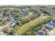A panoramic aerial view of a home surrounded by lush trees and golf course at 5277 Epping Ln, Zephyrhills, FL 33541
