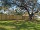 Large backyard with a wooden fence and a large shade tree at 10009 Connecticut St, Gibsonton, FL 33534