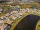 Aerial view showcasing lakefront homes and a tranquil neighborhood setting at 33161 Kateland Dr, Wesley Chapel, FL 33545