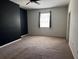 Cozy bedroom with neutral carpet, a ceiling fan and a black accent wall at 1570 Fox Grape Loop, Lutz, FL 33558