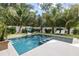 Backyard pool area with lounge chairs, mature palms, and privacy fence at 415 N Bay Blvd, Anna Maria, FL 34216