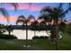 Picturesque backyard view with palm trees, lush greenery, and a serene lake at sunset at 4324 Spinnaker Cove Ln, Tampa, FL 33615