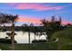 Picturesque backyard view with palm trees, lush greenery, and a serene lake at sunset at 4324 Spinnaker Cove Ln, Tampa, FL 33615