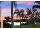 Scenic backyard view with palm trees, lush green grass, and a tranquil lake under a colorful sunset sky at 4324 Spinnaker Cove Ln, Tampa, FL 33615