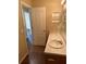 Bathroom with vanity, mirror, medicine cabinet, and wood-look laminate flooring at 10509 Marsanne Pl, Riverview, FL 33578