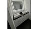 Elegant bathroom featuring double sinks with a black countertop and modern mirror at 501 Knights Run Ave # 2106, Tampa, FL 33602