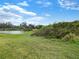 Expansive backyard featuring lush greenery and a scenic pond view under a partly cloudy sky at 6310 116Th E Ave, Parrish, FL 34219