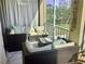 Comfortable screened balcony with cushioned seating, offering serene outdoor space at 3672 Lake Bayshore Dr # K327, Bradenton, FL 34205