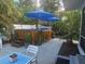 Backyard patio featuring a hot tub with privacy umbrellas and seating at 424 N Carolina Ave, Palm Harbor, FL 34683