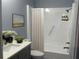 Bathroom features a shower with safety bar and a gray vanity with plants and painting adding to the decor at 5521 80Th Street North # 306, St Petersburg, FL 33709