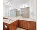 This is the primary bathroom that features double sinks with an oversized mirror and lights at 8539 Sandpiper Ridge Ave, Tampa, FL 33647