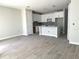 Open-concept living area featuring wood-look tile floors with new kitchen, cabinetry, and gray walls at 7268 Deer Valley Circle, Tampa, FL 33635