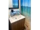 Cozy bathroom featuring a single vanity with storage and a shower with a themed curtain at 744 Myrtle Ave, Venice, FL 34285