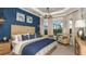 This main bedroom features a blue accent wall, a chandelier, and a lovely view overlooking the water at 6243 Plateau Ct, Bradenton, FL 34203