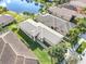 Aerial view of the property showing the backyard, roof, and proximity to the lake at 4949 Sandy Glen Way, Wimauma, FL 33598