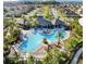 Aerial view of the community pool area with a large pool, clubhouse, and palm trees at 32859 Pez Landing Ln, Wesley Chapel, FL 33543