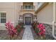 Inviting entryway featuring a double door, stone accents, and lush tropical plants flanking the walkway at 2709 Coco Palm Cir, Wesley Chapel, FL 33543