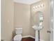 Half bathroom features a sleek pedestal sink, modern lighting, and wood-look flooring at 19648 Timberbluff Dr, Land O Lakes, FL 34638