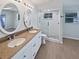 Updated bathroom featuring double vanity sinks, a glass enclosed shower, and modern fixtures at 1404 Rosewood Ave, Dunedin, FL 34698