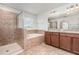 Stylish bathroom featuring a glass shower, a separate tub, and dual sinks, offering luxury and functionality at 13417 Lake Monroe Pl, Riverview, FL 33579