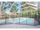 Screened-in pool area featuring a jacuzzi, -safety fence, and a beautiful view of the surrounding backyard and trees at 11019 Pine Lilly Pl, Lakewood Ranch, FL 34202