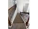 Carpeted staircase with decorative wrought iron railing and stained wood bannister at 4249 Hawksley Pl, Wesley Chapel, FL 33545