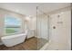 Spa-like bathroom featuring a shower, soaking tub, vanity, and a large window at 8364 Capstone Ranch Dr, New Port Richey, FL 34655