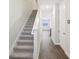Hallway with wood flooring that leads to a carpeted stairway and a view of a bright room at 7294 Deer Valley Cir, Tampa, FL 33635