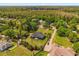 A high aerial shot shows the home's location surrounded by lush greenery and a lake at 16805 Tobacco Rd, Lutz, FL 33558