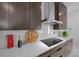 Close-up of a kitchen with marble backsplash, sleek cabinetry, and modern stainless steel appliances at 10549 Torchwood Sea Way, San Antonio, FL 33576
