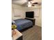 Bright bedroom features wood-look floors, a ceiling fan, and a view of the sunflowers at 2902 Little Rd, Valrico, FL 33596