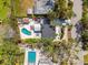 Overhead view of a backyard oasis featuring a pool, patio, and lush tropical landscaping at 913 Tennessee Ln, Sarasota, FL 34234