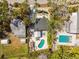 Aerial view capturing a backyard with a pool, patio, and tropical foliage, creating a serene retreat at 913 Tennessee Ln, Sarasota, FL 34234